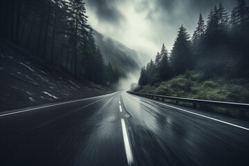 Low Angle Motion Blurred Wet Mountain Road with Pine Trees and Moody sky