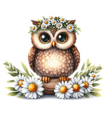 Cute Owl in a floral pattern with daisies. Watercolor illustration
