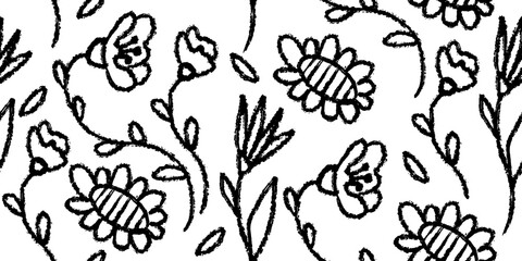 Seamless pattern with flowers, leaves, floral stems. Background with primitive wild plants drawing with grunge brush. Black and white botanical elements. Vector illustration. Simple style plants