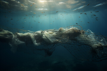 Fototapeta na wymiar Underwater View of Floating Abandoned Fishing Nets