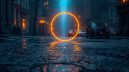 Neon Circle On Dark Street Background, Background HD, Illustrations