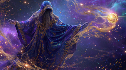 Mystical sorcerer casting cosmic spell in starry galaxy. Fantasy and imagination. - obrazy, fototapety, plakaty