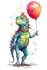 watercolor illustration of an iguana with balloons