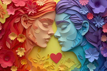 An illustration in paper art style depicts a lesbian couple embracing each other, celebrating Pride Month, diversity and inclusion, LGBT