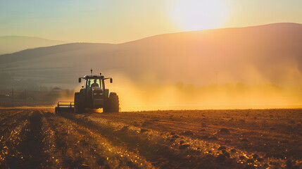 Fototapeta premium Agricultural worker with a tractor in the field.