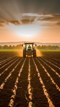 Fototapeta Agricultural worker with a tractor in the field.
