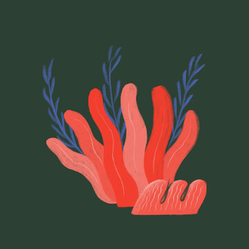 Abstract coral and seaweed illustration on dark background. Generative AI image