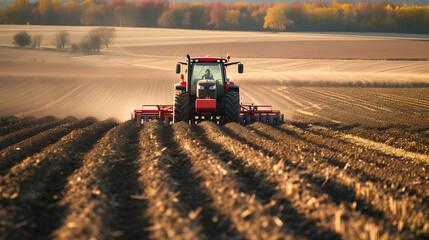 Fototapeta premium Agricultural worker with a tractor in the field.