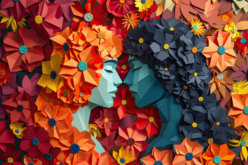 An illustration in paper art style depicts a lesbian couple embracing each other, celebrating Pride Month, diversity and inclusion, LGBT