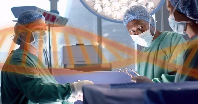 Animation of dna strand over diverse surgeons in hospital