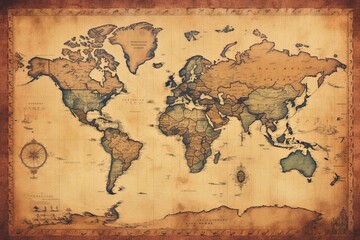 Fototapeta na wymiar Ancient compass on old vintage world map background with Antique pirate rare items