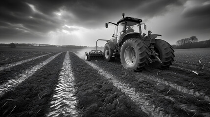 Fototapeta premium Agricultural worker with a tractor in the field.