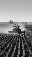 Fototapeta premium Agricultural worker with a tractor in the field.