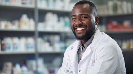 Smiling male pharmacist with dark skin, retail store, High photographic quality. portrait photography