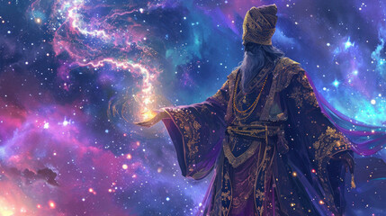 Mystical wizard casting spell in cosmic space. Fantasy and imagination. - obrazy, fototapety, plakaty