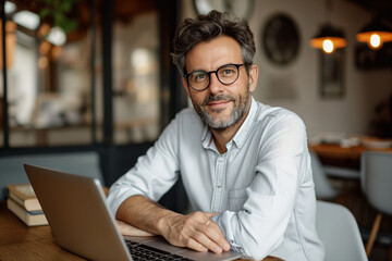 Smiling Freelancer Enjoying Work on Laptop in Cozy Cafe Environment