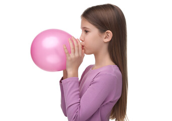 Girl inflating pink balloon on white background