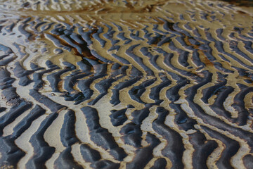 A crude oil spill on the sand of a city beach Beach oil spill impacts pollution waste disposal Ecological catastrophe.