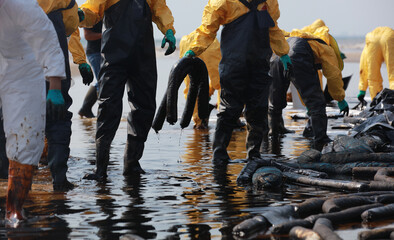 Professional team and volunteer wearing PPE clean up dirty of oil spill on the beach,  oil slick...