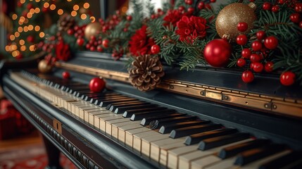 Piano Keyboard Christmas Garland Close, Background HD, Illustrations