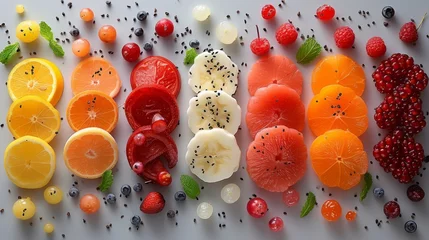 Fotobehang "Assortiment de fruits tranchés sur une surface claire" © Estelle