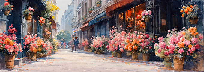 watercolor of a flower garden on a street in Paris 2