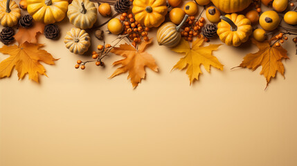 Orange pumpkins and different autumn decoration for Thanksgiving day on the light background, top view