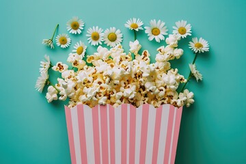 A Pink And White Striped Popcorn Bucket Filled With Popcorn And Daisies On A Blue Background