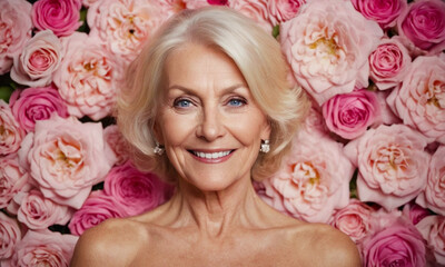 PORTRAIT banner of a cheerful naked blonde woman 60 years old on a background of pink flowers. Old blonde woman with blue eyes. Woman portrait spring