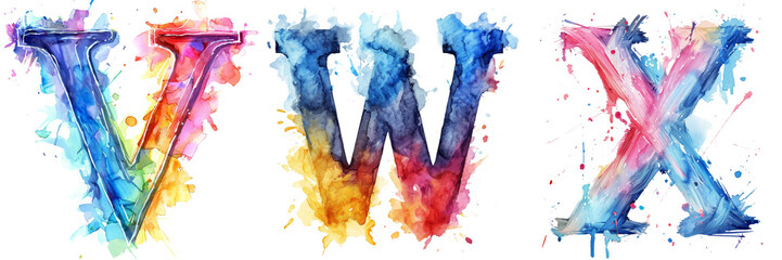 Watercolor Letters V, W, X Set Isolated on Transparent or White Background, PNG