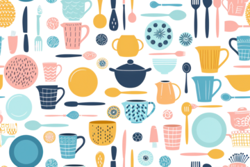 Pastel Kitchenware Pattern on Clear Background