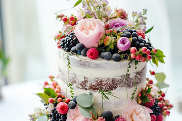 Wedding cake decorated with a vibrant assortment of fresh flowers and berries, set against a soft-focus background.