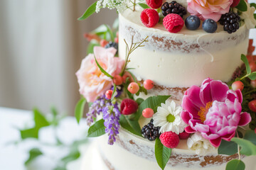 Wedding cake decorated with a vibrant assortment of fresh flowers and berries, set against a soft-focus background.