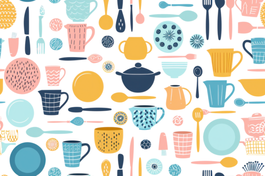 Pastel Kitchenware Pattern on Clear Background