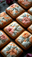 Fototapeta na wymiar Cookies decorated with icing in a vintage quilt pattern in shades.