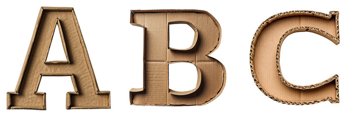 Cardboard Letters A B C Set Isolated on Transparent or White Background, PNG