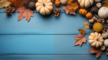 Obraz na płótnie Canvas Orange pumpkins and different autumn decoration on the light blue background, top view