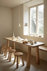 Minimalist interior with wooden table and stools, teapot set, and pastries by a window with natural light.