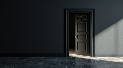 Open door in a dark room with sunlight casting a beam on the floor, creating a contrast of light and shadow.