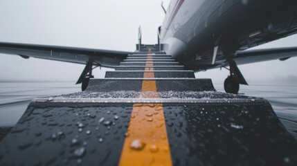 Low-angle view of airplane boarding stairs with raindrops, emphasizing travel and weather...