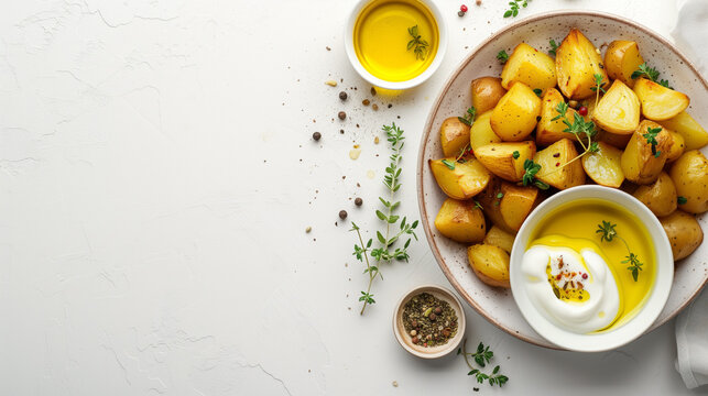 Bowl with tasty baked potatoes, oil and herbs on light background
