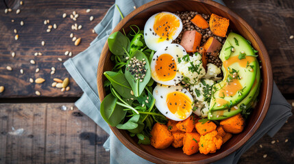 Healthy salad bowl with quinoa, avocado, boiled egg, pumpkin, arugula and chickpeas on rustic wooden background