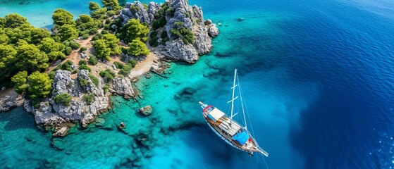 Aerial view of a luxury yacht near the rocky coast of a turquoise sea.