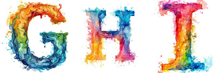 Watercolor Letters G H I Set Isolated on Transparent or White Background, PNG - obrazy, fototapety, plakaty