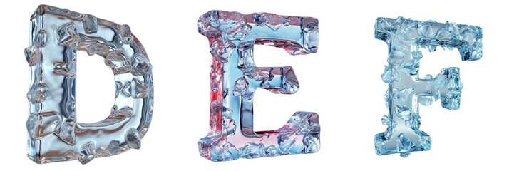 3D Ice Letters D, E, F Set Isolated on Transparent or White Background, PNG