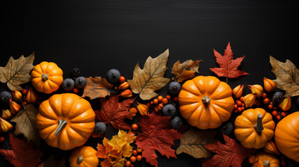 Orange pumpkins and different autumn decoration on the dark background, top view