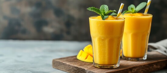 Healthy concept of food and beverages through refreshing mango smoothies.