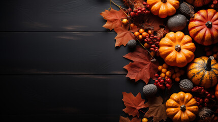 Orange pumpkins and different autumn decoration on the dark background, top view