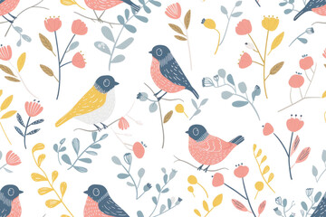 Seamless Pastel Birds and Floral Pattern
