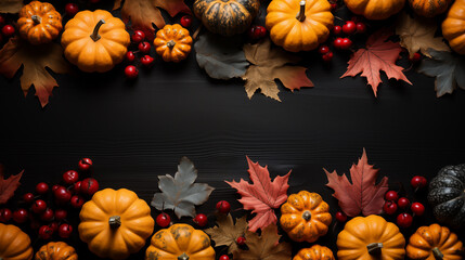 Orange pumpkins and different autumn decoration on the dark background, top view